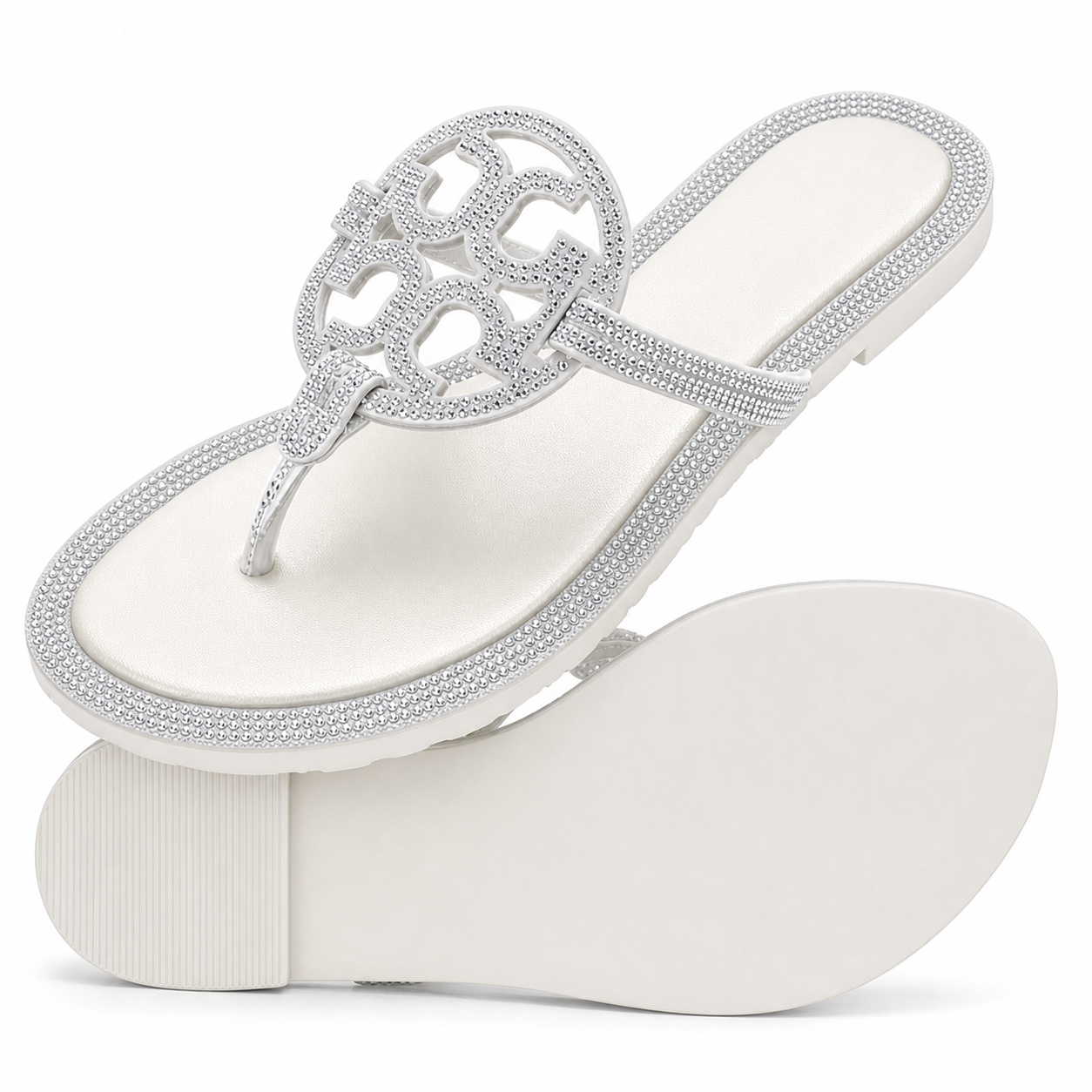 Women's Crystal Thong Sandals – Sparkly Rhinestone Flat Flip Flops, Cushioned Comfort Insole Non-Slip Summer Dressy Sandals for Beach, Wedding，Daily Wear